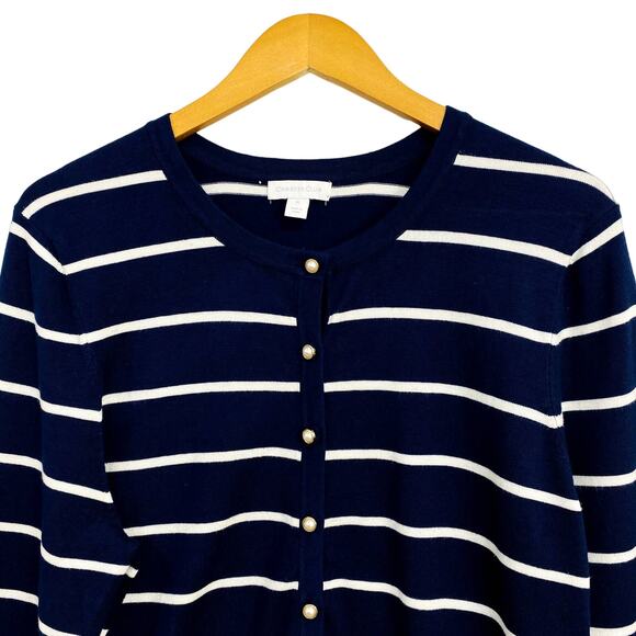 Charter Club Cardigan Womens Size XL Blue Striped Faux Pearl Button Long Sleeve - Picture 2 of 10